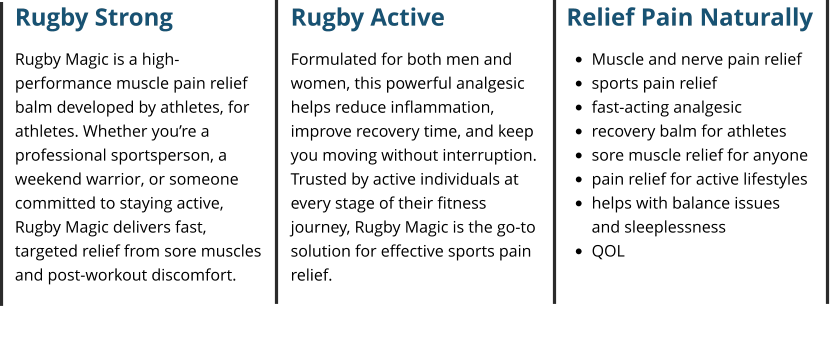 Rugby Strong Rugby Magic is a high-performance muscle pain relief balm developed by athletes, for athletes. Whether you’re a professional sportsperson, a weekend warrior, or someone committed to staying active, Rugby Magic delivers fast, targeted relief from sore muscles and post-workout discomfort. Rugby Active Formulated for both men and women, this powerful analgesic helps reduce inflammation, improve recovery time, and keep you moving without interruption. Trusted by active individuals at every stage of their fitness journey, Rugby Magic is the go-to solution for effective sports pain relief. Relief Pain Naturally •	Muscle and nerve pain relief •	sports pain relief •	fast-acting analgesic •	recovery balm for athletes •	sore muscle relief for anyone •	pain relief for active lifestyles •	helps with balance issuesand sleeplessness •	QOL